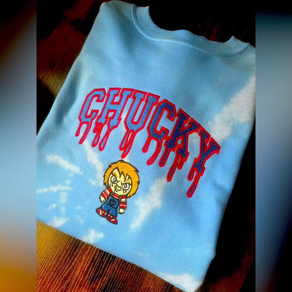 Custom Embroidered bleach tie dye baby blue Chucky Crewneck